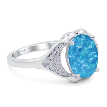 Oval Art Deco Wedding Bridal Ring Lab Created Blue Opal 925 Sterling Silver